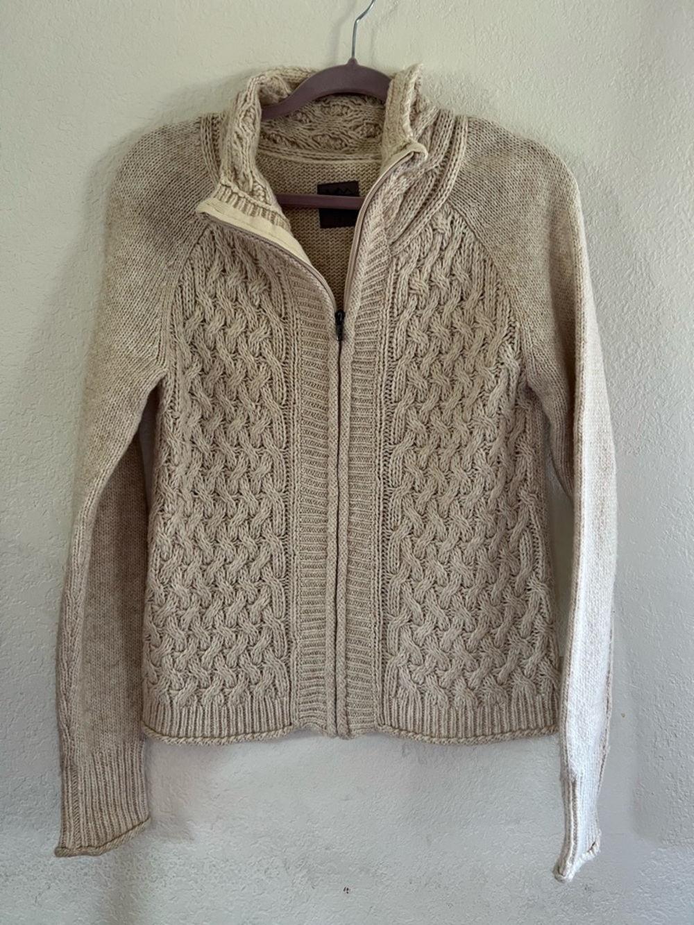 REI Cream Cable-Knit Zip Front Cardigan